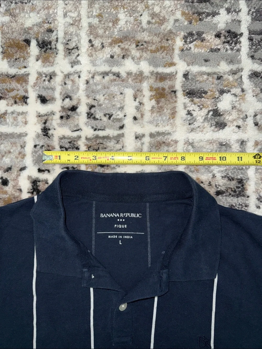 Banana Republic Navy Polo with White Vertical Stripes